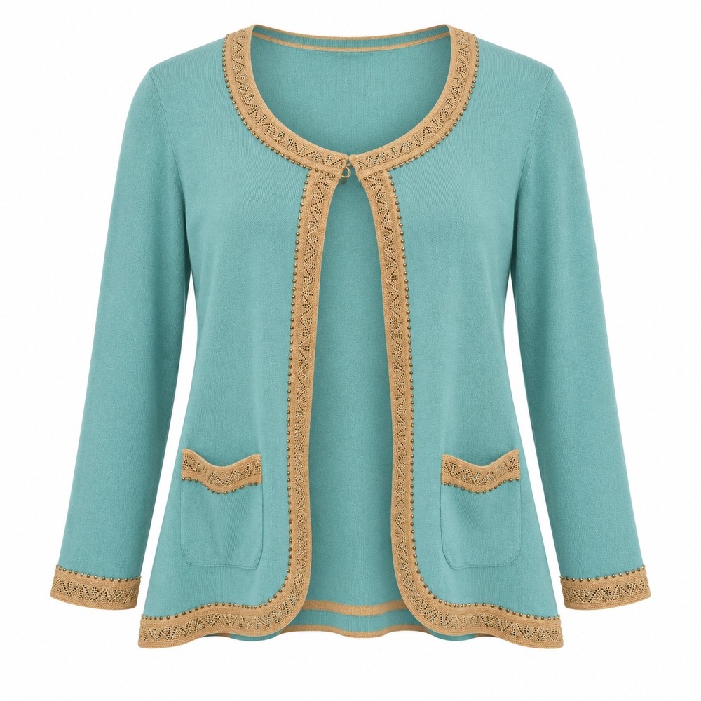 ESCADA 100% Cashmere Cardigan Aqua Gold Embellished Size 42 US 12